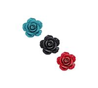 Set of Three Romantic Fashion Statement Red, Black & Blue Floral Blooming 3D Carved Large Rose Flower Brooch Pin For Women Teen