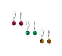 Set of Three Simple Basic Plain Round Dyed Fuchsia, Brown Tiger-Eye and Dark Green Malachite Bead Drop Ball Dangle Lever back Earrings For Women .925 Sterling Silver