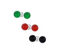 Set of Three Simple Dyed Gemstone Green Aventurine Red Natural Coral Black Onyx Round Ball Stud Earrings For Women .925 Sterling Silver 10MM