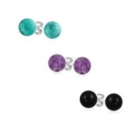 Set of Three Simple Gemstone Purple Amethyst Turquoise Onyx Round Ball Stud Earrings For Women .925 Sterling Silver 8MM