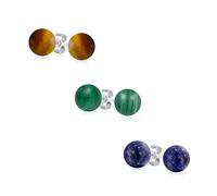 Set of Three Simple Plain Malachite Lapis Lazuli Tiger Eye Gemstone Round Circle Ball Stud Earrings For Women Men .925 Sterling Silver 8MM
