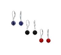Set of Three Simple Plain Navy Blue Lapis Lazuli, Black Onyx & Dyed Red Natural Coral Gemstone Round Dangle Lever back Ball Drop Earrings For Women .925 Sterling Silver
