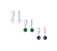 Set of Three Simple Plain Round Bead Purple Amethyst, Translucent Chalcedony & Green Aventurine Lever back Ball Drop Earrings For Women .925 Sterling Silver