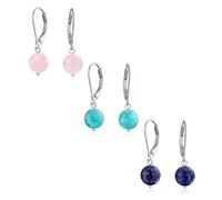 Set of Three Simple Round Bead Stabilized Turquoise Pink Leverback Set Ball Drop Earrings For Women.925 Sterling Silver December Birthstone