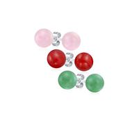 Set of Three Simple Semi Precious Gemstone Light Pink Quartz Dyed Red Natural Carnelian Green Aventurine Round Ball Stud Earrings For Women Teen .925 Sterling Silver 8MM