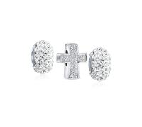 Set of Three Simple Sparkling Spiritual Religious Clear Pave CZ Cross & Solid Spacer White Crystal Charm Bead For Women Teen Communion, Weddings .925 Sterling Silver Fits European Bracelet