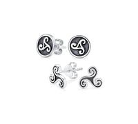 Set of Two Ancient Circle Round Disc Spiral Small Celtic Irish Trinity Symbol Triskele Stud Earrings For Men Women Oxidized .925 Sterling Silver