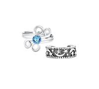Set of Two Aqua Blue Crystal Swirl Spiral Wire and Celestial Moon And Stars Ear Cuffs Cartilage Band Wrap Helix 1 Piece Earring For Teen Women Black Oxidized .925 Sterling Silverr
