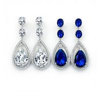 Set of Two Art Deco Style Wedding Clear & Blue AAA Cubic Zirconia Halo Large Teardrop CZ Statement Dangle Chandelier Earrings For Women Bridal Party Silver Plated