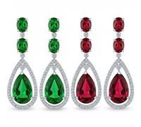 Set of Two Art Deco Style Wedding Simulated Emerald Green & Red Ruby AAA Cubic Zirconia Halo Large Teardrop CZ Statement Dangle Chandelier Earrings For Women Bridal Party Silver Plated