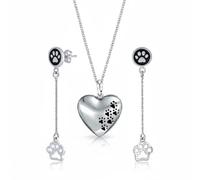 Set of Two BFF Pet Animal Lover Black Enamel Dog Cat Puppy Paw Print Dangle & Heart Stud Earrings for Women .925 Sterling Silver