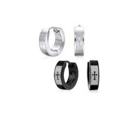Set of Two Biker Jewelry Small Religious Mid Evil Laser Etched Fleur De Lis Cross Black Huggie Hoop Kpop Earrings For Men Or Women Teens Silver Black IP Plated Stainless Steel