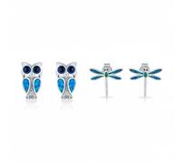 Set of Two Blue Created Opal Dragonfly & Wise Owl Design Stud Earrings .925 Sterling Silver for Women Teens October Birthstone Jewelry