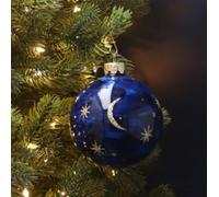 Set of TWO Blue Marbled Glass Baubles/Gold Gold & Stars 8 cm by Gisela Graham