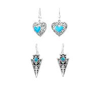 Set of Two Boho Blue Turquoise Arrowhead & Heart-Shaped Filigree Dangle Earrings for Women Teens Oxidized .925 Sterling Silver