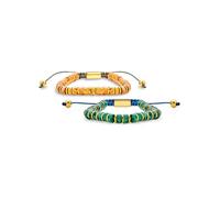 Set of Two Boho Natural Gemstone Tangerine Orange Agate & Dark Green Malachite Stones Chakra Stacking Bolo Bracelet Gold Plated Stainless Steel Spacers Rondel Tube Beads Adjustable Slider Cord