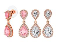 Set of Two Bridal Pave Halo Dangle Teardrop Cubic Zirconia Pink & Clear AAA CZ Drop Earrings For Wedding Women Prom Teen Rose Gold Plated Brass