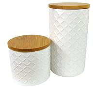 Leaf Set Of Two Ceramic Jars Embossed Cream Canisters With Lids