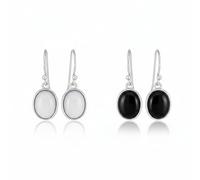 Set of Two Classic Elegant White Agate & Black Onyx Bezel Set Oval Cabochon Gemstone Drop Earrings For Women .925 Sterling Silver Wire Fish Hook