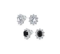 Set of Two Classic Estate Vintage Style Crown AAA CZ Halo Oval Black Clear Cubic Zirconia Stud Earrings For Women Silver Plated Brass
