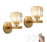 Set of Two Crystal Wall Sconces Battery Operated Wall Lights with Remote Control Dimming Bulb LED Wireless Wall Lamp Gold Black Cordless Lighting for Bedroom Bedside Living Room Hallway