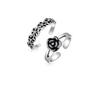Set of Two Daisy Flowers Open Cut Out & Black Rose Carved Midi Split Band Toe Ring For Women Oxidized .925 Silver Sterling Adjustable