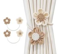 Set of two floral rope curtain tiebacks crafted from cotton and linen, designed for gathering curtains and adding a refined look to home interiors (Beige+kaki)