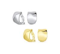 Set of Two Geometric Hammered Dome Half Hoop Clip On Earrings For Women Non Pierced Ears Polished Silver Gold Plated Brass