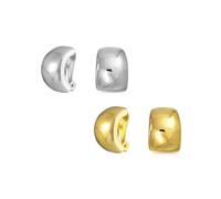 Set of Two Geometric Plain Minimalist Curved Huggie Half Hoop Clip On Earrings For Women Non Pierced Ears Silver Gold Plated Brass