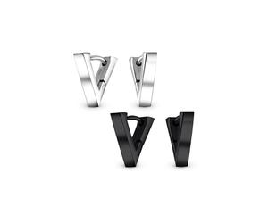 Set of Two Geometric Triangle V Shape Flat Huggie Earrings For Women For Men Silver Black Plated Stainless Steel