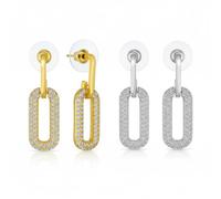 Set of Two Geometric Vertical U Rectangle Inside Out Micro Pave CZ Dangling Chain Link Paperclip Earrings For Women Yellow Gold Plated
