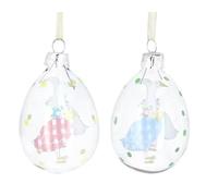 Set of TWO Glass Easter hanging Decorations - Gingham Goose Eggs, one pink and one blue