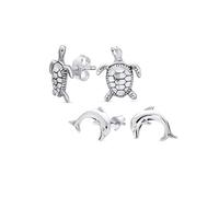 Set of Two Honeymoon Vacation Tiny Nautical Hawaiian Sea Tortoise Beach Turtle Small Dolphins Stud Earrings For Women Teen Oxidized .925 Sterling Silver