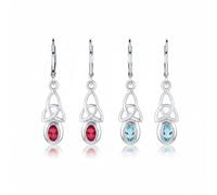 Set of Two Irish Love Knot Oval Bezel Set Semi Precious Gemstone Blue Topaz & Simulated Red Ruby Dangle Celtic Knot Earrings For Women Teens .925 Sterling Silver Lever Back