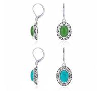 Set of Two Leverback Dangle Earrings with Domed Stabilized Blue Turquoise and Green Quartz Oval Dyed Oval Boho Style Floral .925 Oxidized Sterling Silver for Women