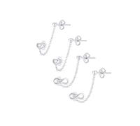 Set of Two Love Knot Infinity Symbol Mini Heart Double Pierced Cartilage Ear Lobe Helix Chain & Ear Stud Earrings For Women .925 Sterling Silver