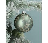 Set of two matte sage green Glass Baubles - with Silver Leaves 8 cm
