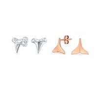 Set of Two Ocean Lover Rose Gold Mermaid Fin Whale Tail & Silver Shark Tooth Stud Earrings for Women & Teens .925 Sterling Silver