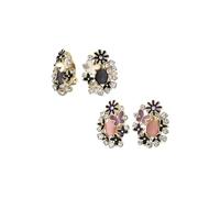 Set of Two Pink Purple Black White Butterflies Flower Cats Eye Garden Clip On Earrings For Women Non Pierced Ears Gold Plated Brass