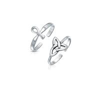 Set of Two Religious Spiritual Egyptian Ankh Cross & Celtic Trinity Knot Work Circle Triquetra Midi Toe Ring For Women Teen Oxidized .925 Silver Sterling Adjustable