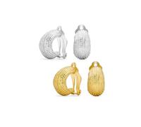 Set of Two Ribbed Grooved Cable Rope Stripe Wide Half Hoop Dome Curved Clip On Earrings For Women Non Pierced Ears Silver Gold Tone Plated