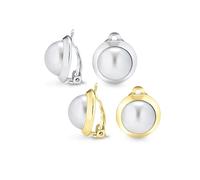 Set of Two Simple Button Style Round Dome Bezel White Simulated Pearl Clip On Earrings For Women Non Pierced Ear Silver Gold Plated Brass