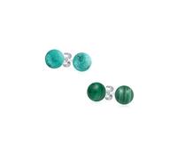 Set of Two Simple Gemstone Stabilized Turquoise Green Malachite Round Ball Stud Earrings For Women .925 Sterling Silver 10 MM