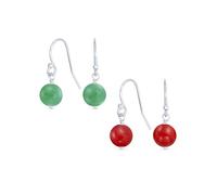 Set of Two Simple Plain Basic Round Bead Green Aventurine & Dyed Red Natural Coral Gemstone French Fish Hook Wire Ball Drop Earrings For Women.925 Sterling Silver
