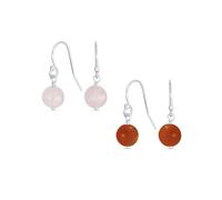 Set of Two Simple Plain Gemstone Dyed Red Natural Carnelian & Light Pink Rose Quartz Ball Round Drop Dangle Earrings For Women.925 Sterling Silver