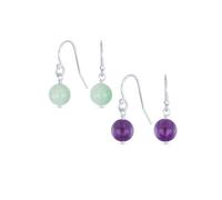 Set of Two Simple Plain Green Amazonite & Light Purple Amethyst Gemstone Round Dangle French Fish Hook Wire Ball Drop Earrings For Women .925 Sterling Silver