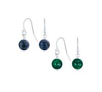 Set of Two Simple Round Bead Dark Green Malachite & Navy Blue Lapis Lazuli Gemstone French Fish Hook Wire Ball Drop Earrings For Women Teen.925 Sterling Silver