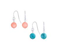 Set of Two Simple Round Bead Stabilized Turquoise & Soft Pink Coral Gemstone French Fish Hook Wire Ball Drop Earrings For Women.925 Sterling Silver