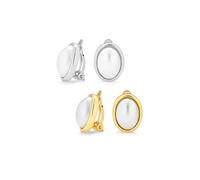 Set of Two Simple White Simulated Pearl Cabochon Bezel Oval Clip On Earrings For Women For Non Pierced Ears Silver Gold Plated Brass