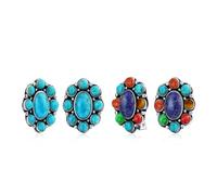 Set of Two Southwestern Oval Large Cabochon Lapis & Turquoise Multicolor Gemstones Western Concho Clip On Earrings For Women Non Pierced Ears .925 Sterling Silver